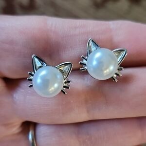 Silver Plated Cat Ear Faux Pearl Earrings